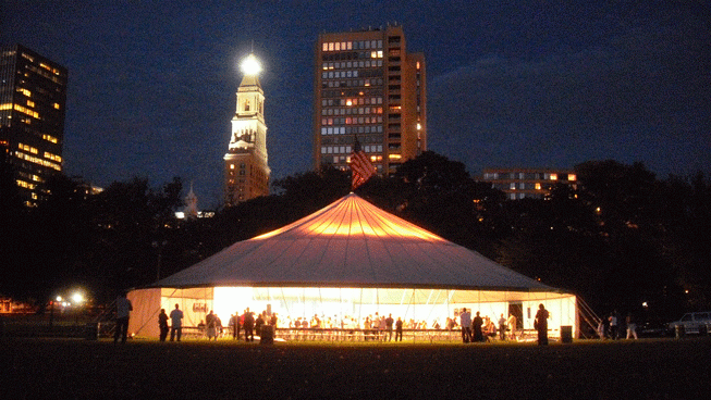 Tent at Bushnell Park during the night Service
